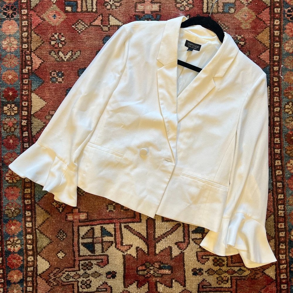 Topshop Ruffle Sleeve Double Breasted Blazer, White